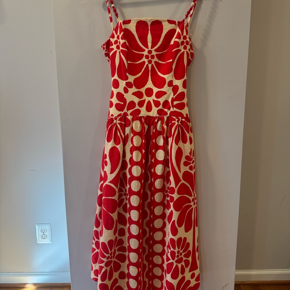 Popular red and cream Christian Lacriox drop waist, linen blend midi dress